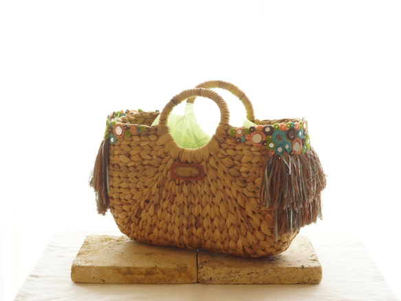 ベージュ かごバッグ フリンジ付き かごバック ミラー刺繍フリンジ付き Green かごバッグ rouille 通販