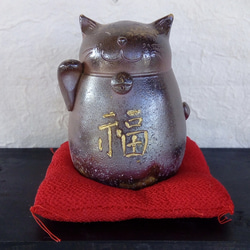 備前焼  招き猫  貯金箱 （右手 金運）t-8 1枚目の画像