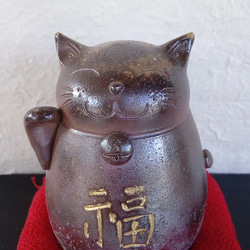 備前焼  招き猫  貯金箱 （右手 金運）t-8 2枚目の画像