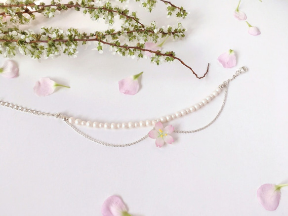*Haku‧Neko* [さくらの花限定シリーズ]ゴージャスなピンクの桜の真珠のブレスレットダブルチェーン女神の手とチェーン[1 2枚目の画像