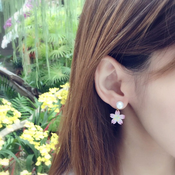 *Haku‧Neko* [さくらの花限定シリーズ]花見桜コットンビーズは、手描きのピンクの桜のイヤリングの耳鍼をドレープ[15/ 3枚目の画像