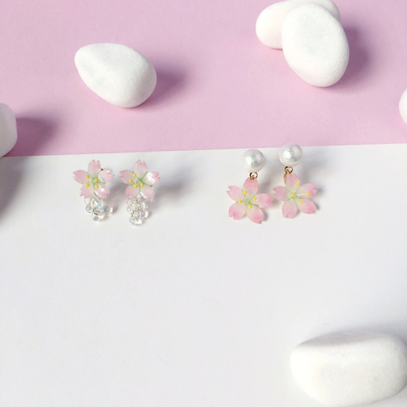 *Haku‧Neko* [さくらの花限定シリーズ]花見桜コットンビーズは、手描きのピンクの桜のイヤリングの耳鍼をドレープ[15/ 4枚目の画像