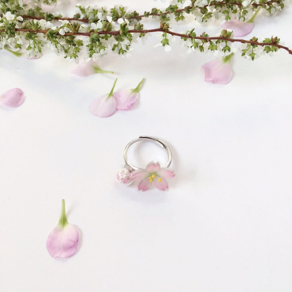 *Haku‧Neko* [さくらの花限定シリーズ]手描きのピンクの桜ピンクパールビーズを点滅ミニガラス玉シルバーリングリング[1 2枚目の画像