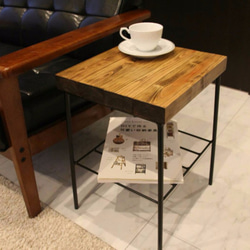 アイアン サイドテーブル スツール ヒノキ板 桧 カフェ ベッドサイド コーヒーテーブル 男前 1枚目の画像