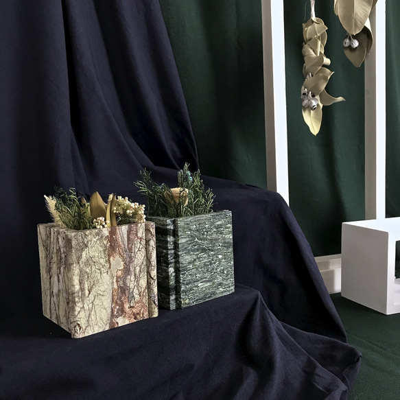 【森林果石 樹木色系】大理石 翡翠月河 花器 小四方 居家裝飾 第5張的照片