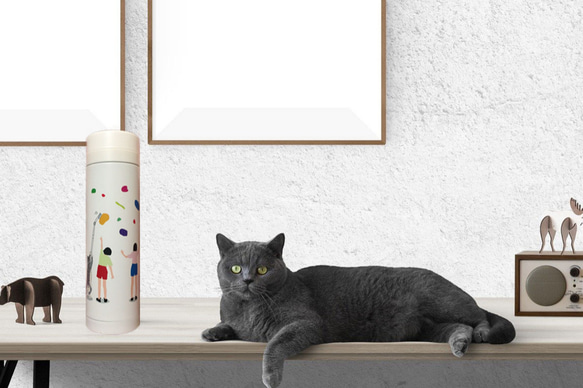サーモボトル 猫とボルダリング 300ml 白 1枚目の画像