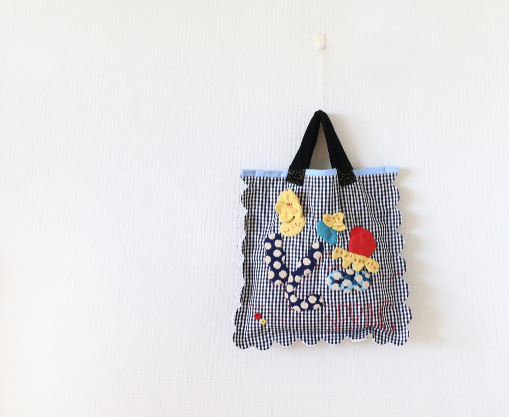 ★受注生産★〈送料無料〉ギンガムチェック黒×スカラップバッグ