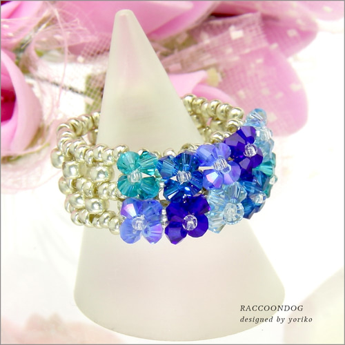 ♡ Sakana様 ご確認用♡スワロ・ビーズリング♡パープル×シルバー 一点物）散りばめられた紫陽花【スワロフスキー青花 ビーズリング