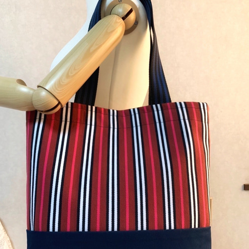 Creema限定】帆布のストライプトートバッグ(赤) トートバッグ