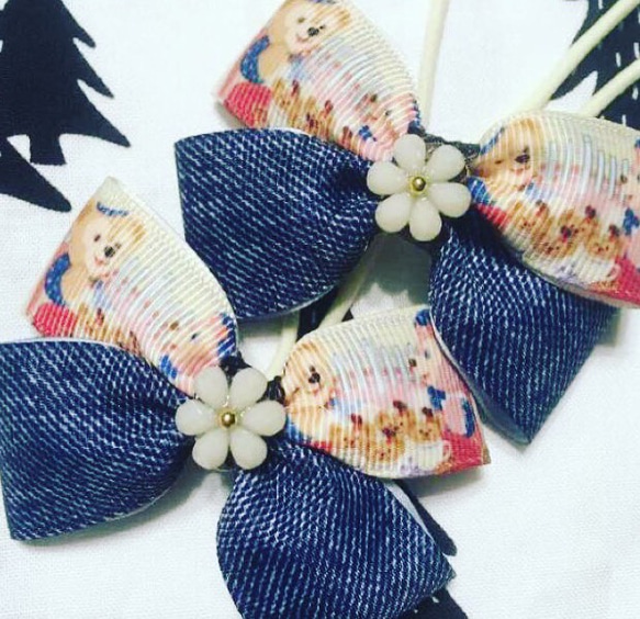 送料無料 ダッフィーとシェリーメイ お花飾り付きデニム リボン
