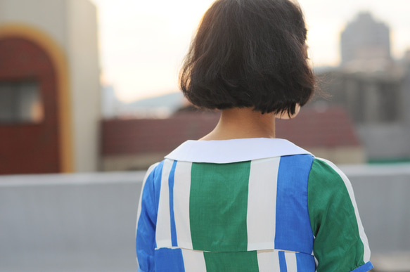 1983ER X 比肩-學生領綠藍幾何日本薄棉料長上衣/只有一件/謝謝你獨家擁有 第7張的照片