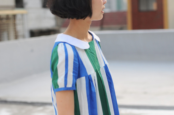 1983ER X 比肩-學生領綠藍幾何日本薄棉料長上衣/只有一件/謝謝你獨家擁有 第8張的照片
