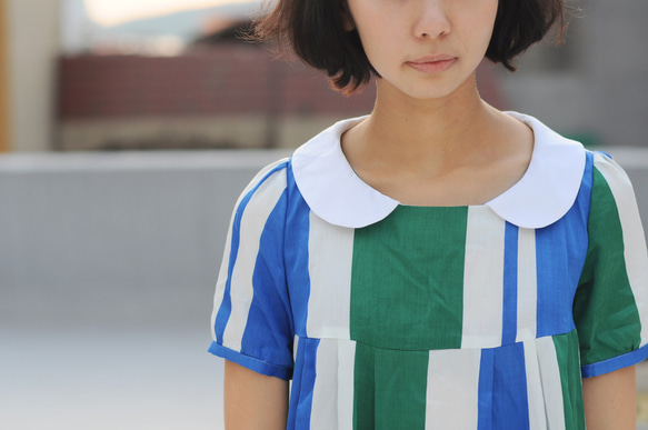1983ER X 比肩-學生領綠藍幾何日本薄棉料長上衣/只有一件/謝謝你獨家擁有 第1張的照片