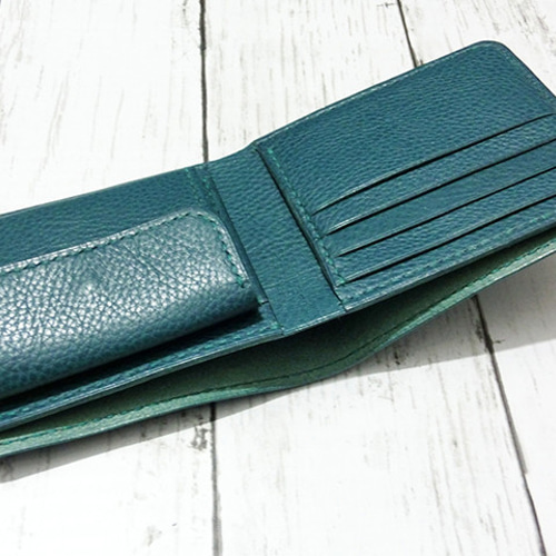 ブルーグリーン】イタリアンレザー 二つ折り財布 本革