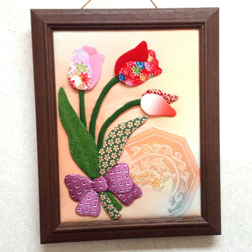 春のフレーム飾り チューリップのちりめん押し絵 タペストリー・壁掛け