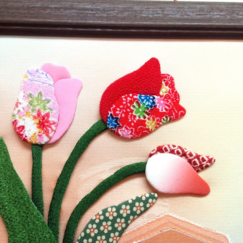 春のフレーム飾り チューリップのちりめん押し絵 タペストリー・壁掛け