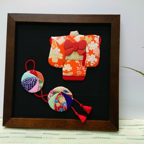 着物と手まり ちりめん押し絵額かざり タペストリー・壁掛け 夢さき