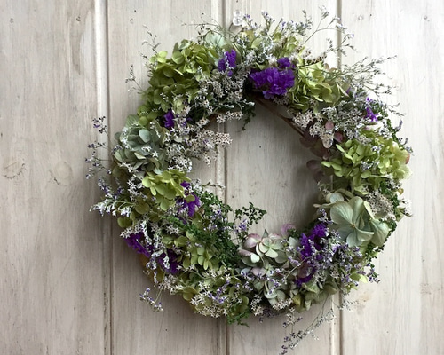 受注制作 鳥達の戯れる紫陽花リース