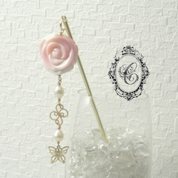 Koharubiyori 　薔薇と蝶々の簪　淡水パール　　 1枚目の画像