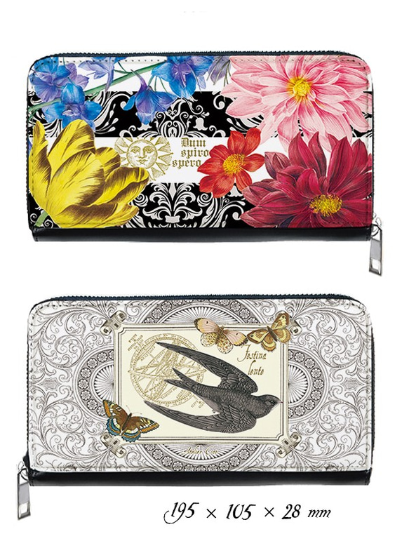 花と太陽のお財布：長財布　裏に鳥　バタフライ　ボタニカル　ツバメ　星座　宇宙 2枚目の画像