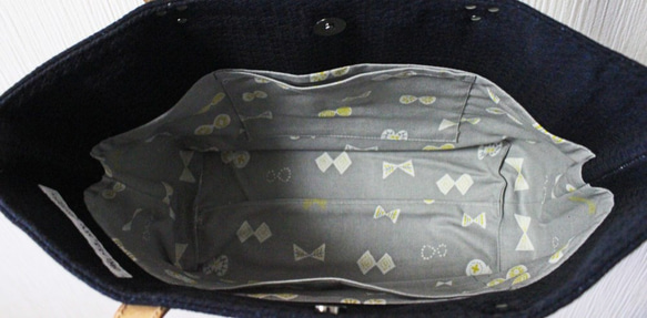 博多織トートバッグ「連」M　ネイビー　ブルー　千鳥格子柄×レザー（LT-27） 6枚目の画像