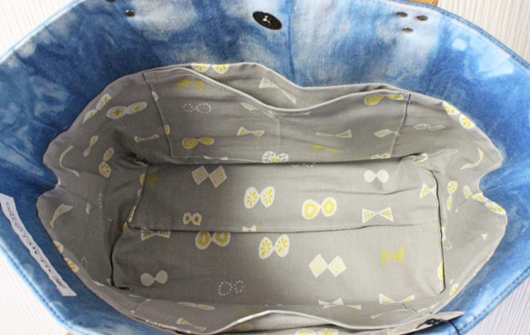 博多織×デニムトートバッグ「連」S 　ムラ染め　藍染めデニム×ベージュレザー（LT-32） 5枚目の画像