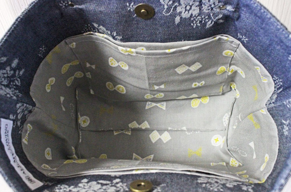 博多織×デニムトートバッグ「連」S ブルー　青　小花柄デニム×レザー（LT-47） 5枚目の画像