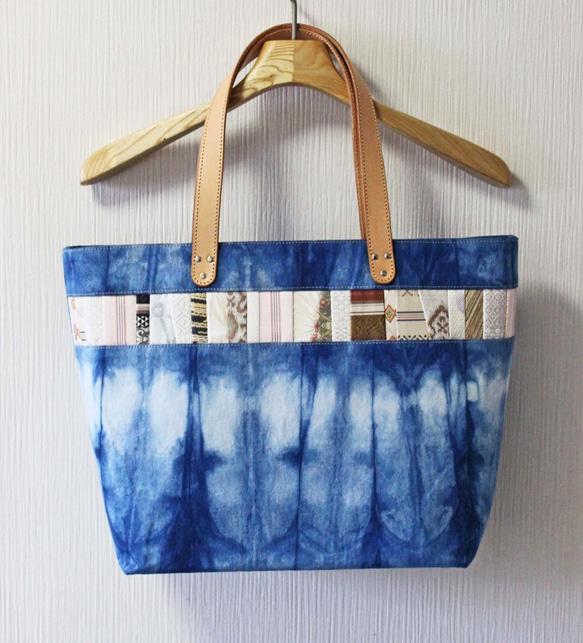 博多織×デニムトートバッグ「連」L　藍染めデニム×ベージュレザー（LT-35） 1枚目の画像