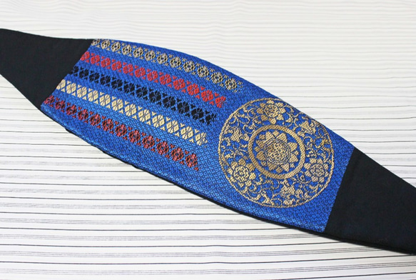 博多織カマーベルト　フォーマル　礼装　ブルー　青　ゴールド　金×ブラック（KM-13） 1枚目の画像
