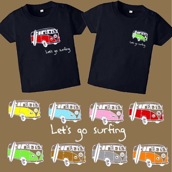 再販×3★Let's go surfingカラフルバスＴシャツ★イニシャル＆数字入れられます★８０～大人サイズまで★ 1枚目の画像