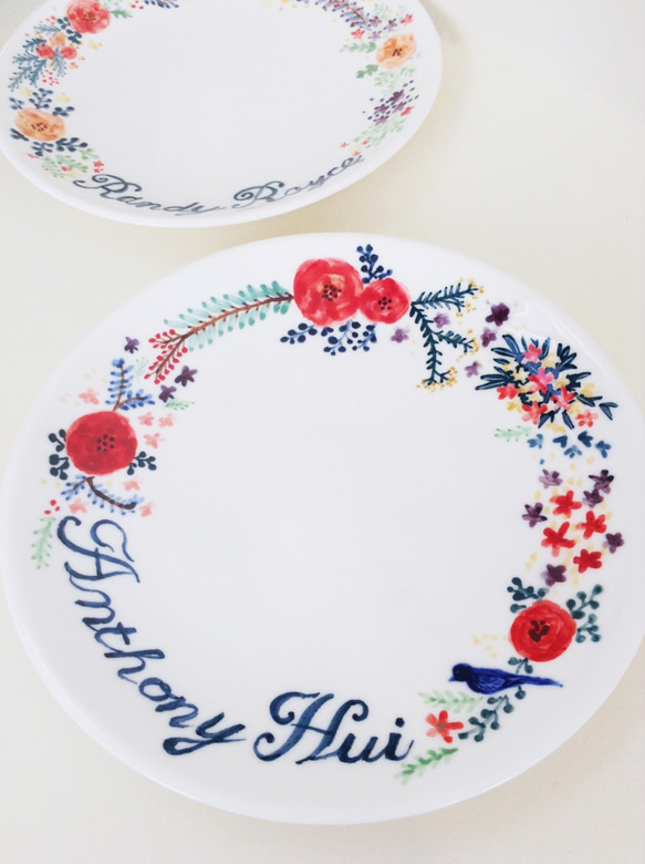 客製 手繪7吋蛋糕盤 餐盤(18cm)-花園婚禮對盤 紀念日對盤（客製化、姓名） 第1張的照片