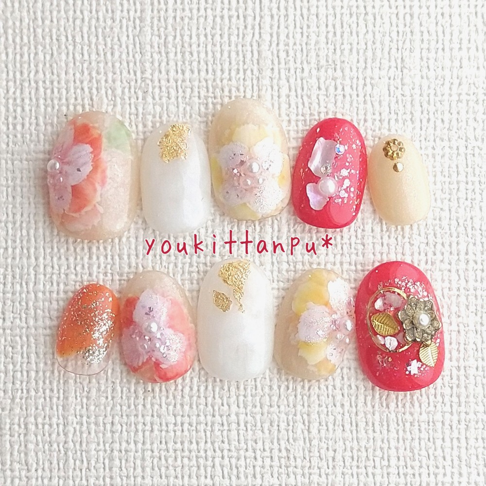 ネイルチップ 優美＊卒業式 つけ爪 結婚式 ブライダル ウェディング 白無垢 振袖 紅白 シンプル 花柄 春 夏 秋 冬