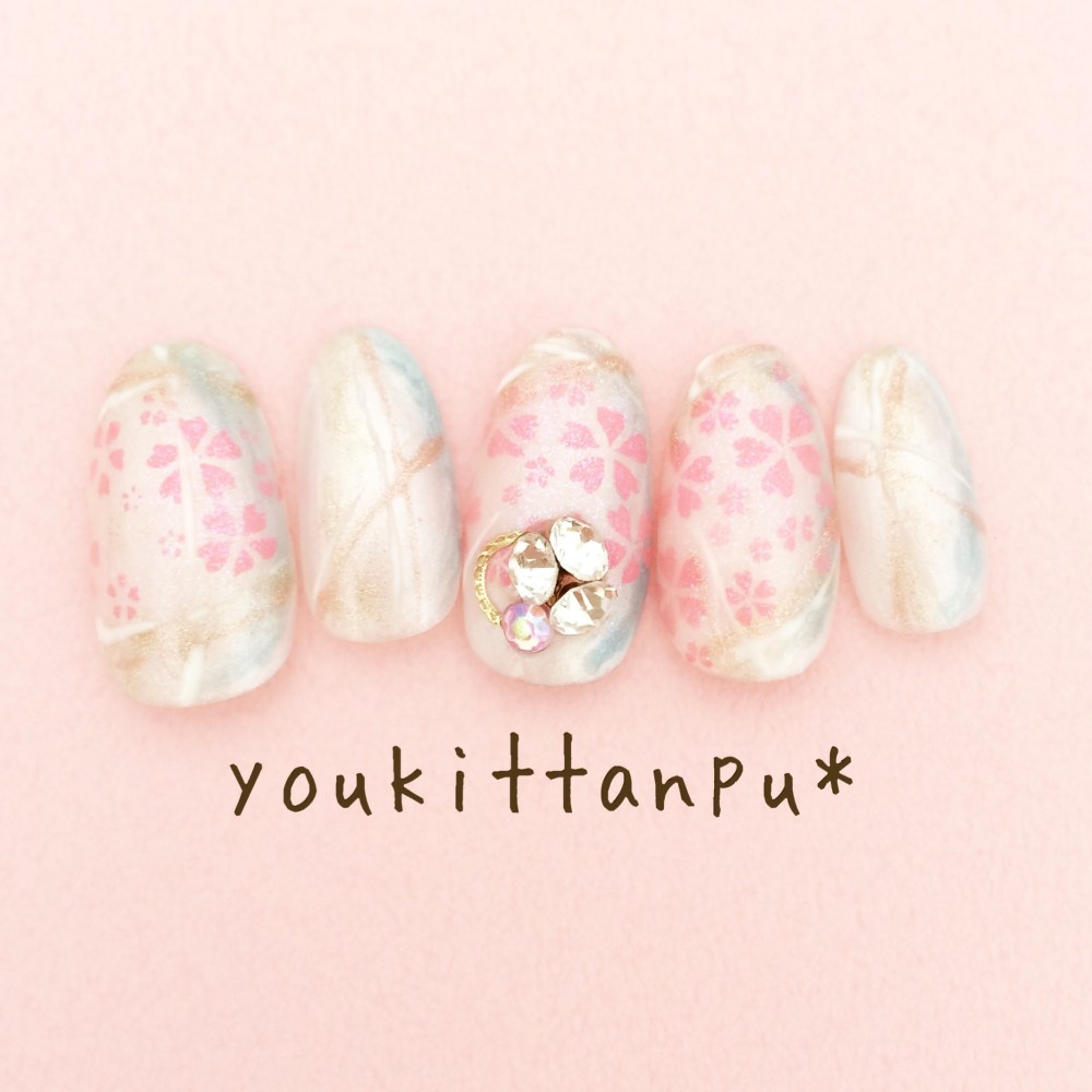 成人式ネイルチップ うらら＊ブライダル ウェディング 結婚式 卒業式 桜 桜吹雪 パール 白 ピンク 春夏秋冬 淡色 和
