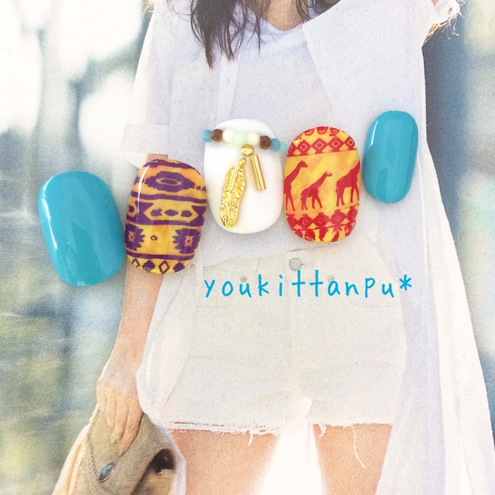 アフリカンエスニック＊ネイルチップ ボヘミアン チマヨ オルテガ キリン フェザー ターコイズ 夏 海 旅行 お出かけ