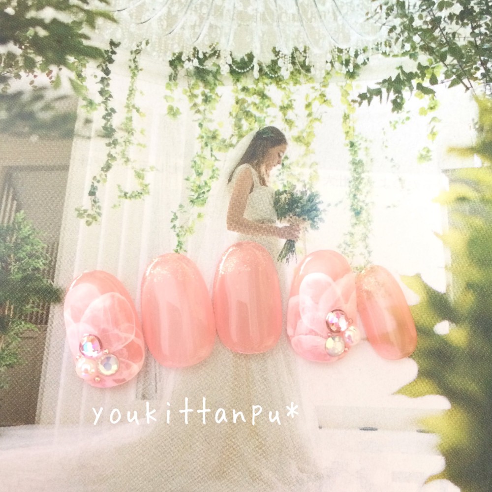 水彩シフォンフラワー 花花＊ネイルチップ つけ爪 結婚式 ブライダル ウェディング 白無垢 成人式 振袖 ピンク シアー