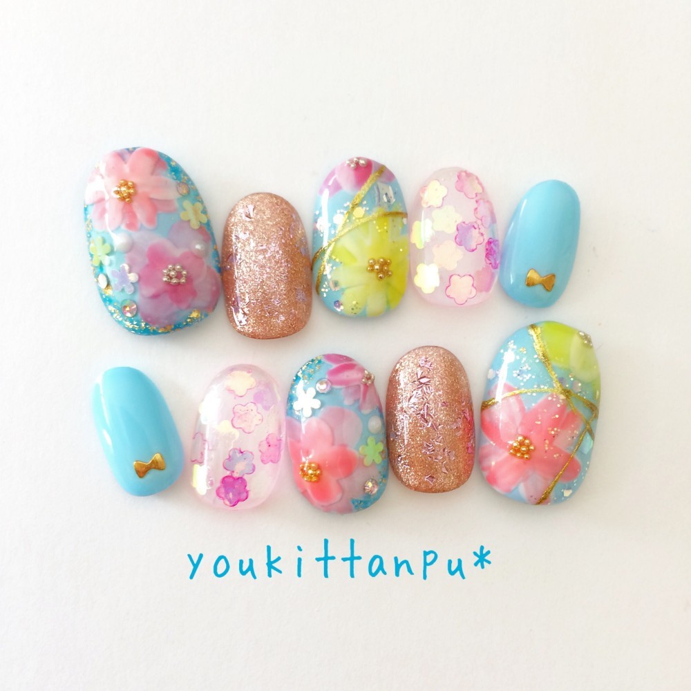 ネイルチップ 花夢Ⅱ はなゆめ＊つけ爪 卒業式 ブライダル ウェディング 結婚式 白無垢 振袖 シンプル 花柄 水色 和