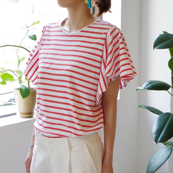 残りわずか★SALE 50%OFF★ 涼しく着れる！ エーゲ海コットンボーダーフリル袖トップス（red × white) 2枚目の画像