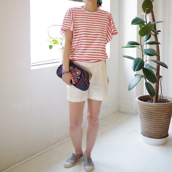 残りわずか★SALE 50%OFF★ 涼しく着れる！ エーゲ海コットンボーダーフリル袖トップス（red × white) 3枚目の画像