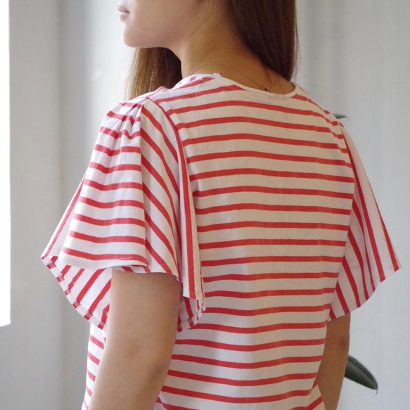 残りわずか★SALE 50%OFF★ 涼しく着れる！ エーゲ海コットンボーダーフリル袖トップス（red × white) 5枚目の画像