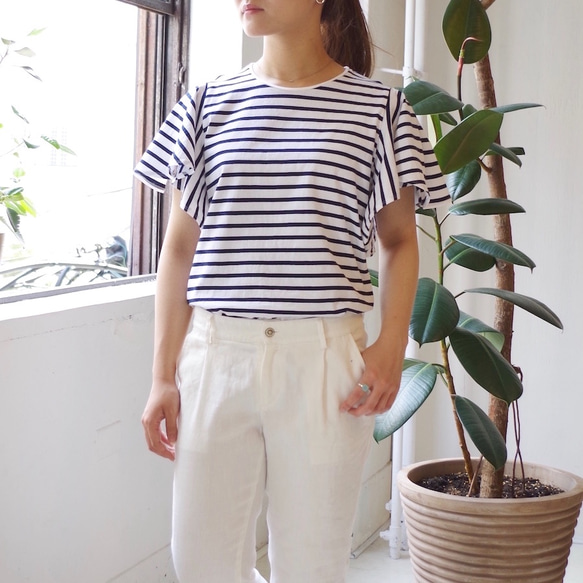 ★SALE 50%OFF★ エーゲ海コットンボーダーフリル袖トップス（navy × white) 2枚目の画像