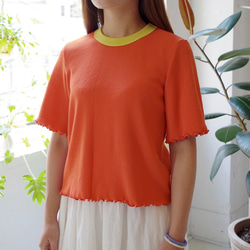 ◆SOLD OUT◆ ★SALE 50%OFF★衿配色ワッフルショート丈プルオーバー（orange） 2枚目の画像