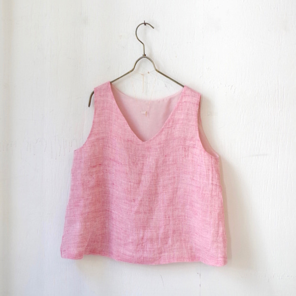 出售50％OFF !!彩色亞麻V領無袖上衣“草莓粉” 第2張的照片