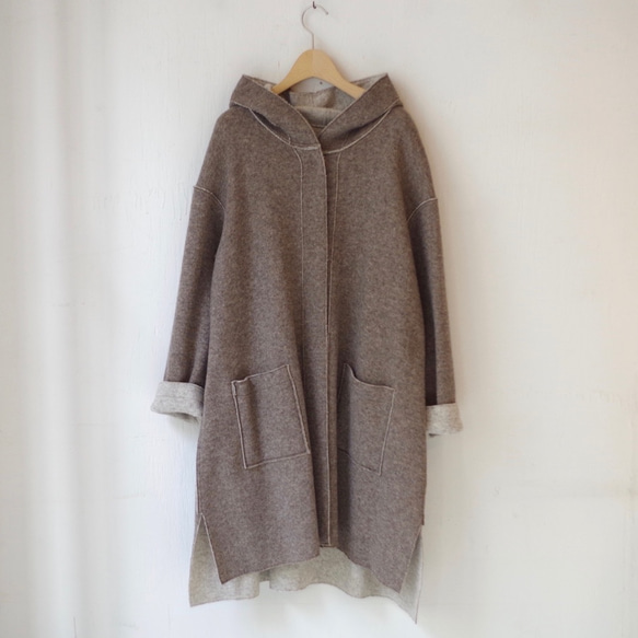 ◆SOLD OUT◆　ウールリバーシブルフードコーディガン(brown & beige) 9枚目の画像