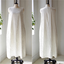 ◆售完◆旅行！條紋亞麻喇叭長連衣裙“白色” 第4張的照片