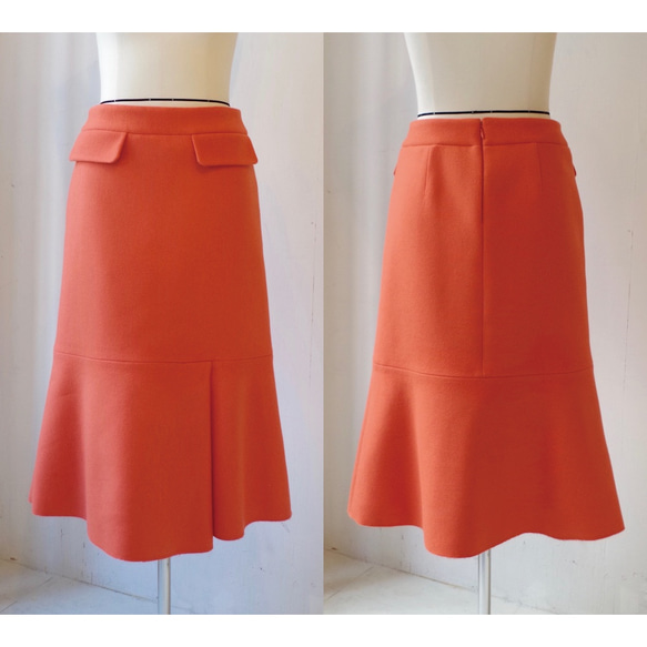 【SALE!! 50% OFF!!】＜1着のみ！＞ カシミヤ混 カラーメルトンAラインスカート "orange" 6枚目の画像