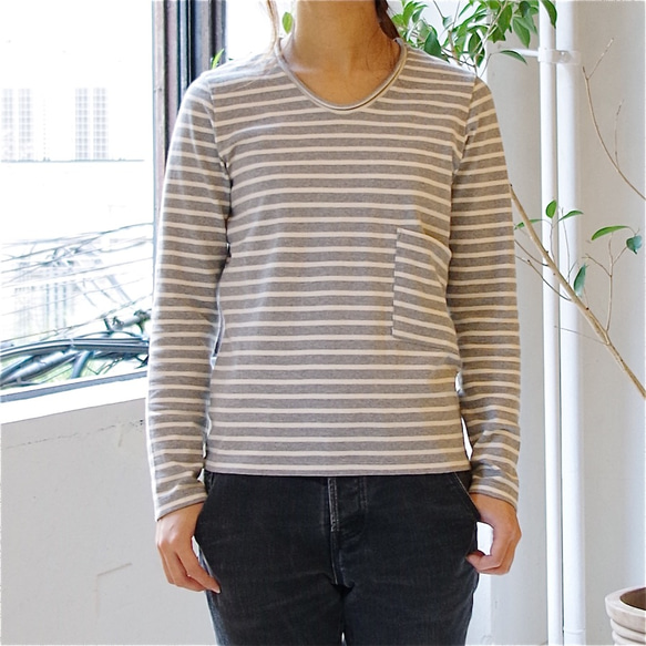 ＜ラスト１枚＞ボーダーポケットロンT (gray × off white／size:１) 3枚目の画像