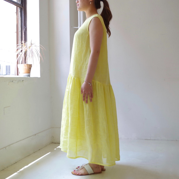 ◆ 售罄 ◆ 亞麻無袖分層長裙“檸檬黃” 第2張的照片