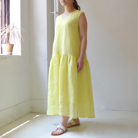 ◆ 售罄 ◆ 亞麻無袖分層長裙“檸檬黃” 第9張的照片