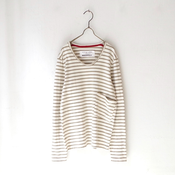 ラスト1枚！ ＜30% OFF＞ 春秋冬用 ボーダーポケットロンT (off white × khaki/size:2) 3枚目の画像