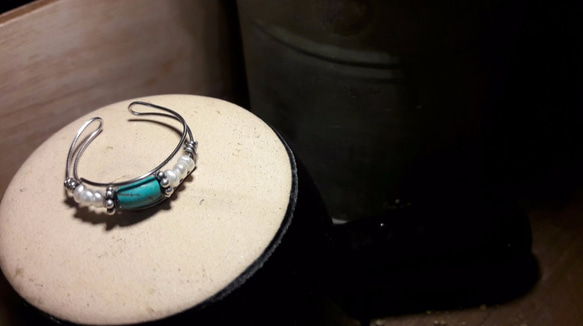 戒指◎綠松石*珍珠可調式繞線不鏽鋼戒指 第5張的照片
